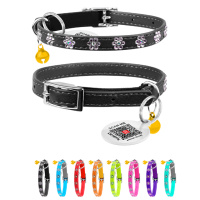 Нашийник WAUCAT Glamour з резинкою, клейовими стразами «Квітка» для котів (ширина 9мм, довжина 22-30см) чорний