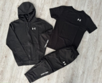 Комплект 3 в 1  Демісезонний спортивний костюм Under Armour чорна кофта на змійці + чорні штани (двонитка) + Футболка чорна Unde