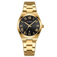 Жіночий класичний годинник Curren 9095 Gold-Black з металевим браслетом та календарем