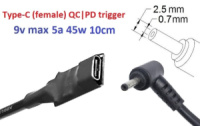 Переходник на 9v (max 5a, 45w) 2.5(2.35)x0.7mm 8-10cm з USB Type-C (Female) Quick Charge Power Delivery QC|PD тригер (A class) 1 день гар.