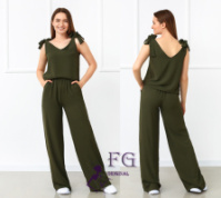 Літній жіночий костюм із широкими штанами «Ясмин» оптом | Норма та батал | Розпродаж моделі Хакі, 48
