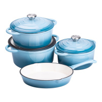 Набор чугунной посуды для приготовления 3 кастрюли и сковорода с эмалированным покрытием Голубой HP-1-7