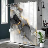 Шторка для ванной и душа с кольцами 180x180 см водоотталкивающая, шторка для душевой и ванной с крючками, мраморно-чёрный