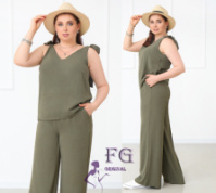 Літній жіночий костюм з широкими брюками «Ясмін» оптом | Батал | Розпродаж моделі Хакі, 52