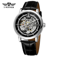 Чоловічий механічний годинник Forsining 8173 Silver-Black Leather з автопідзаводом та шкіряним ремінцем