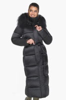 Куртка женская Braggart длинная с поясом и натуральной опушкой на капюшоне - 59130 морионовый цвет