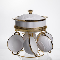 Суповий сервіз на 5 персон супниця 1.8 (л) на підставці з бульйонницями 300 (мл) тарілки для супу Білий із золотом ML151