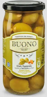 Зелені оливки «BUONO» фаршировані мигдалем у розсолі (скляна банка 360мл.)