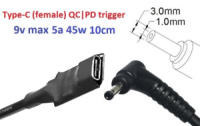 Переходник на 9v (max 5a, 45w) 3.0x1.0(0.9/1.1)mm 8-10cm з USB Type-C (Female) Quick Charge Power Delivery QC|PD тригер (A class) 1 день гар.