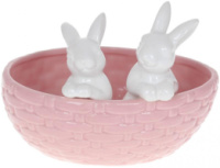 Декоративное кашпо «Кролики в корзинке» 20х15х14.5см, керамика, розовый с белым