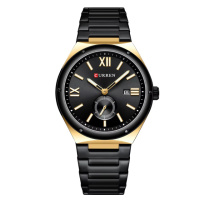Чоловічий годинник Curren 8471 Black-Gold-Black з металевим браслетом та індикацією дати