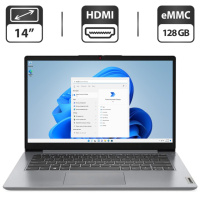 Новый ультрабук Lenovo IdeaPad 1 14IGL7 / 14« (1366x768) TN / Intel Pentium Silver N5030 (4 ядра по 1.1 - 3.1 GHz) / 4 GB DDR4 / 128 GB eMMC / Intel