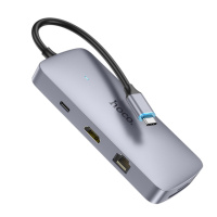 Мультиадаптер хаб Hoco HB32 8в1 Type-C to USB 3.0/ 2 USB 2.0/ Type-C/ HDMI/ RJ45/ SD/ TF PD 100W 0.18m серый