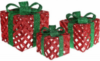 Набор декоративных подарков - 3 коробки 15х20см, 20х25см, 25х30см с LED-подсветкой, красный с зеленым