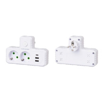 Розетка тройникТ-образнаый с заземлением F303-White, 2 розетки+2USB+1Type-C, 2500W, 10A, 110-250V~Max, Blister