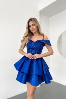 Коктейльна Сукня Атлас Паєтка Відкриті Плечі 25023 Синя