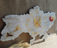 Годинник 100х65 см настінний з епоксидної смоли ручної роботи «Карта України» з гербом