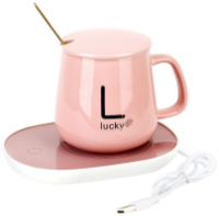 Чашка 350мл на подставке с подогревом до +55 °С, Розовая / Чашка керамическая с ложкой в подарочной упаковке