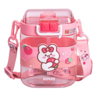 Бутылка для воды детская с трубочкой и ремешком 560 мл бутылочка для питья в школу 15 см Розовая HP-14-36P