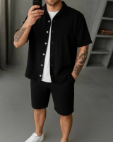 Стильний літний комплект з льону, сорочка + шорти (чорний)