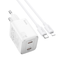 Сетевое зарядное устройство Hoco N42 2 Type-C PD 45W white + кабель Type-C to Lightning