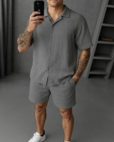 Стильний літний комплект з льону, сорочка + шорти (сірий)