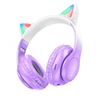 Наушники Hoco W42 Cat Ear Bluetooth с кошачьими ушками и LED подсветкой Фиолетовые с белым