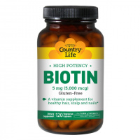 Концентрированный Биотин (В7), 5 мг, High Potency Biotin, Country Life, 120 желатиновых капсул