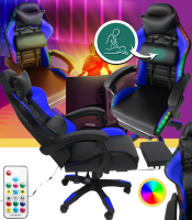 Геймерское кресло с RGB подсветкой, подушками и выдвижной подставкой для ног, Черный/Синий (G897)