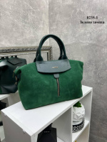 Натуральна замша. Зелена - з логотипом - cтильна та вмістка, велика та об'ємна сумка на блискавці (0235-1)