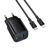 Мережевий зарядний пристрій з кабелем BOROFONE BAS83A Star PD20W+QC3.0 charger set (C to iP) (EU) Black (6941991126789)