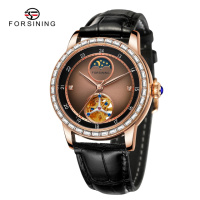 Жіночий механічний годинник Forsining 8257 Pink Gold з автопідзаводом та шкіряним ремінцем