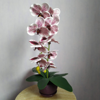 Штучна латексна орхідея VIP у бордовому керамічному кашпо на одну гілку бордовий градієнт