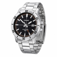 Чоловічий годинник Casio MTP-VD01D-1E2 класичний сталевий з чорним циферблатом та датою