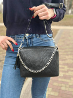 Два відділення. Чорний — зміїний принт - два відділення, кожне на блискавці - стильний та елегантний клатч з ланцюжком (2006-2)