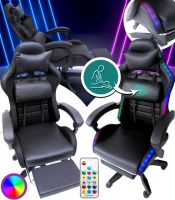 Геймерское кресло с RGB подсветкой, подушками и выдвижной подставкой для ног, Черный (G895)