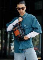 Велика чоловіча поясна сумка бананка чорно-помаранчева