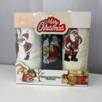 Набор махровых кухонных полотенец Турция Новый год Мишка Санта Дед Мороз 5770 30х50 см 3 шт