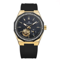 Чоловічий механічний годинник Forsining 8313 Black-Gold-Black з автопідзаводом та силіконовим ремінцем