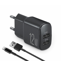 Мережевий зарядний пристрій Brevia ePower 12W 2xUSB-A + кабель USB-A to Lightning 1м чорний
