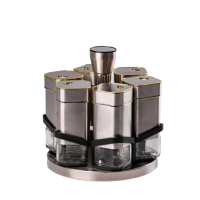 Набір ємностей для спецій на підставці 6 баночок по 120 мл, хром із золотом