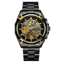 Чоловічий механічний годинник Forsining 8130 Black-Gold-Black з автопідзаводом та скелетонованим циферблатом