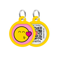 Адресник для собак і котів металевий WAUDOG Smart ID з QR паспортом, малюнок «Смайли на рожевому», коло, Д 25 мм