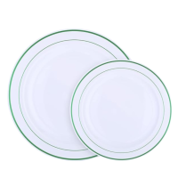 Набор тарелок пластиковых круглые 12 шт, десертные 19 см и обеденные 26 см,белые с зелёном контуром