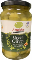 Зелені оливки «AMALTHIA» фаршировані мигдалем у розсолі (скляна банка 360г.)