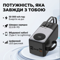 Надпотужний Power Bank VidShop KPG KPG-502X 50000 mAh: швидка зарядка 22.5W та вбудовані кабелі Type-C/Lightning