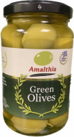 Зелені оливки «AMALTHIA» з кісточкою у розсолі скляна банка 360г.