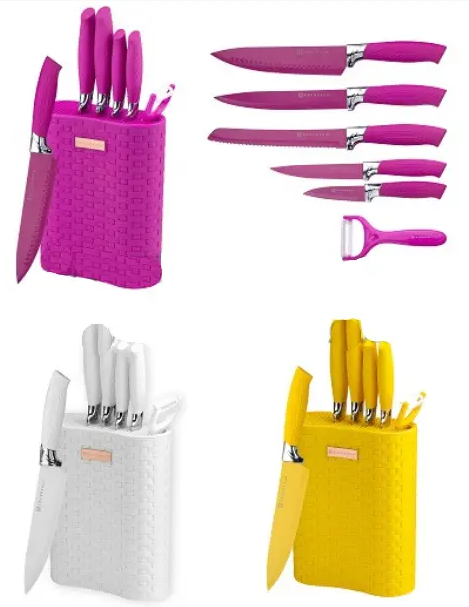 Набір Кухонних Ножів 7 Предметів З Підставкою рожевий жовтий та білий з нержавіючої сталі EB-11025 Еденберг